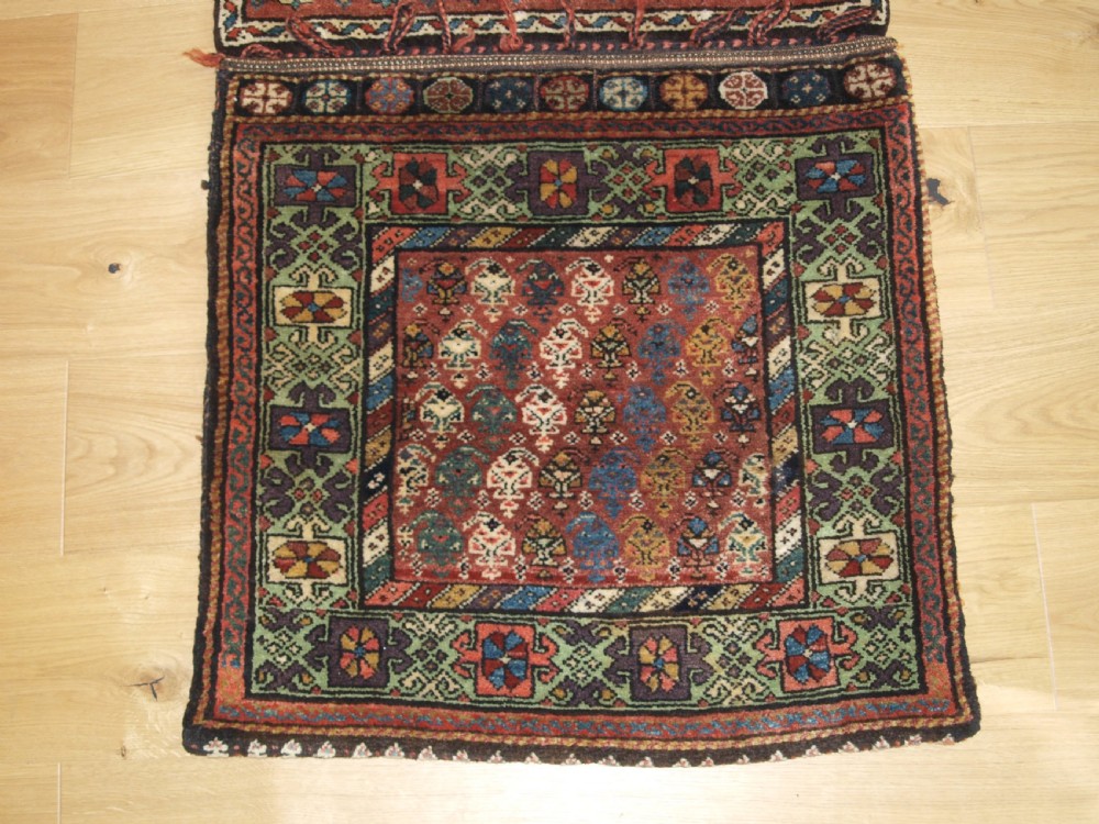 ANTIQUE KURDISH VARAMIN REGION KHORJIN SADDLEBAGS, GREAT COLOUR, CIRCA 1900. View II