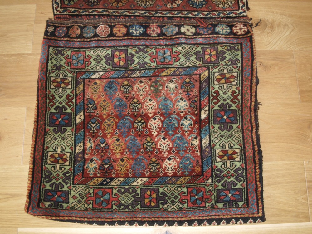 ANTIQUE KURDISH VARAMIN REGION KHORJIN SADDLEBAGS, GREAT COLOUR, CIRCA 1900. View III