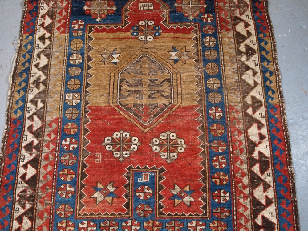 ANTIQUE CAUCASIAN BORDJALOU KAZAK PRAYER RUG, CIRCA 1880. View IV
