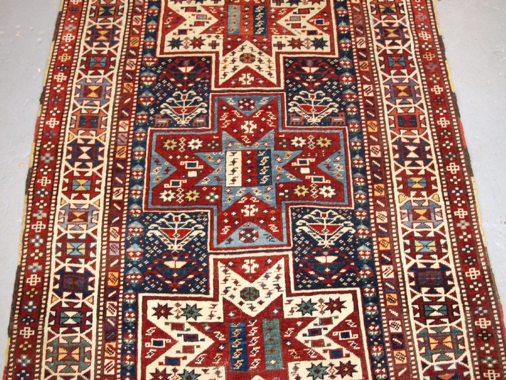 ANTIQUE CAUCASIAN SHIRVAN BAKU LONG RUG RUNNER, STAR DESIGN, CIRCA 1880. View III