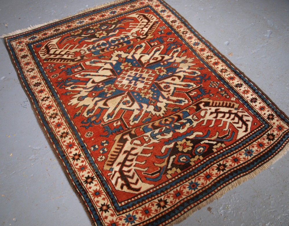 ANTIQUE CAUCASIAN CHELABERD KAZAK SINGLE MEDALLION RUG OF SMALL SIZE, CIRCA 1880. View II