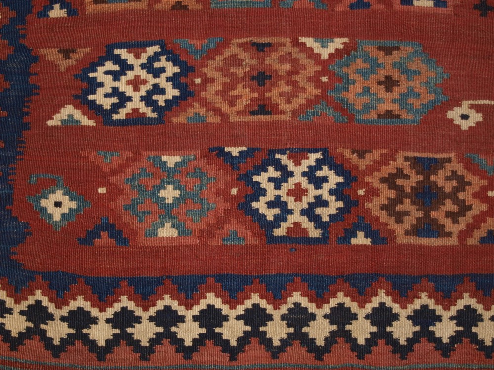 ANTIQUE TRIBAL QASHQAI KILIM SOFREH, EATING CLOTH, CIRCA 1900. View VII