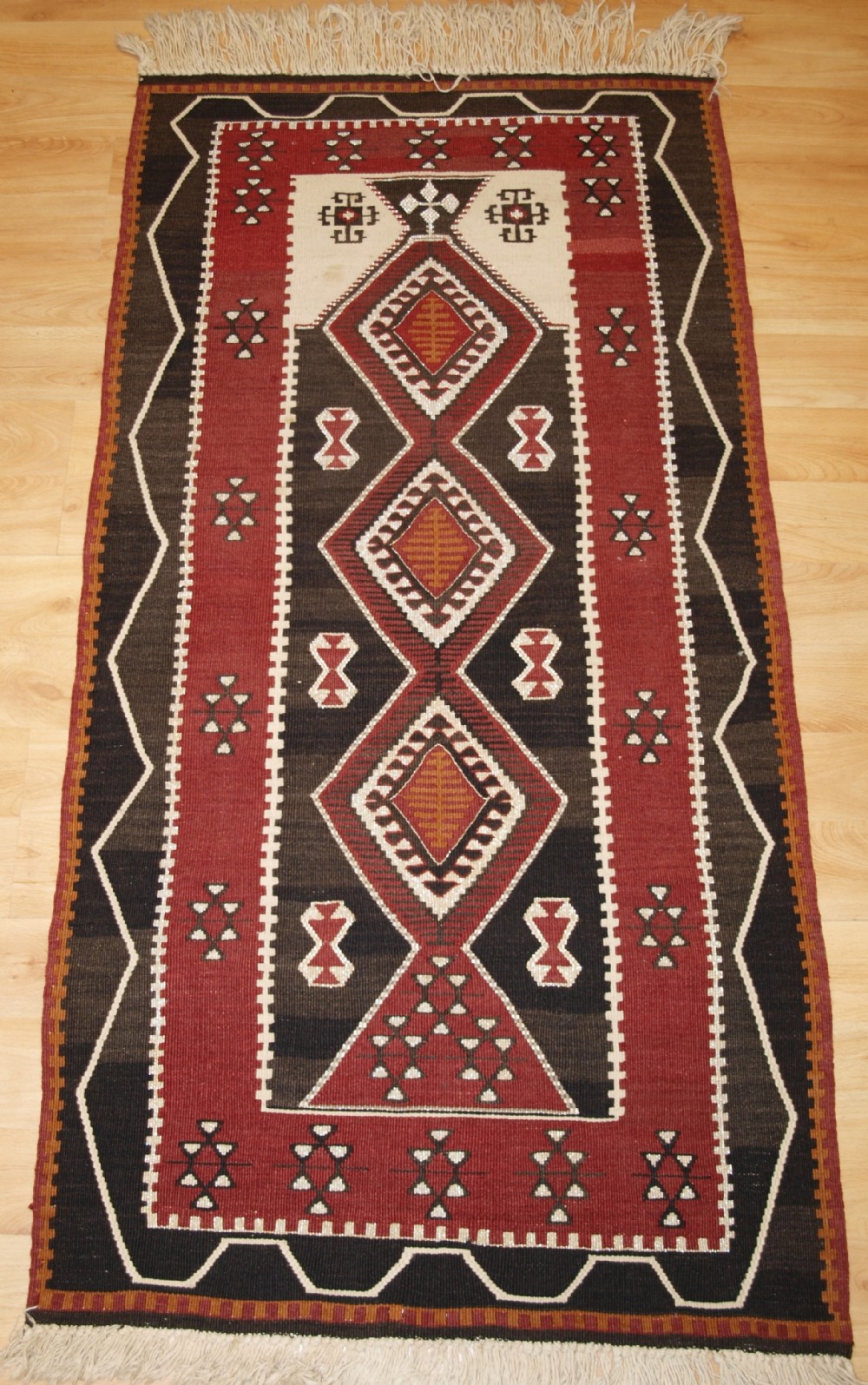 OLD TURKISH KAYSERI PRAYER KILIM WITH SILVER METAL THREAD, CIRCA 1930