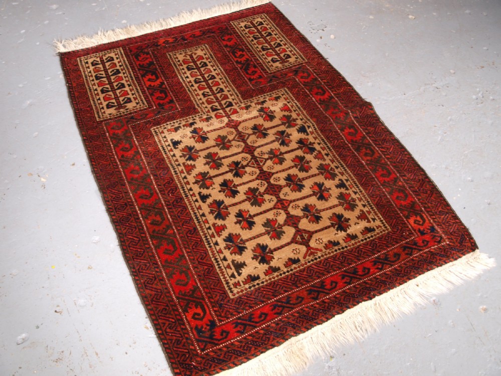 ANTIQUE CAMEL GROUND AFGHAN BALUCH PRAYER RUG WITH TREE OF LIFE, CIRCA 1900/20. View II