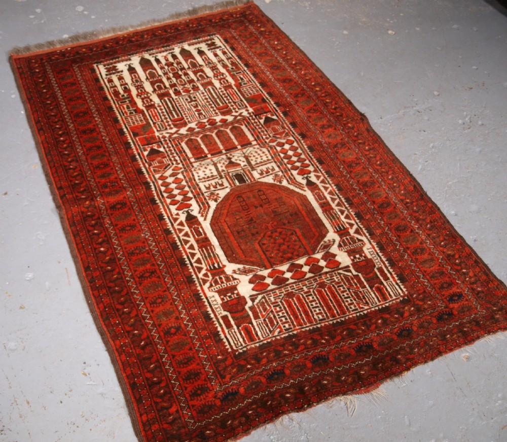 ANTIQUE AFGHAN KIZIL AYAK TURKMEN MOSQUE PRAYER RUG, CIRCA 1910. View II