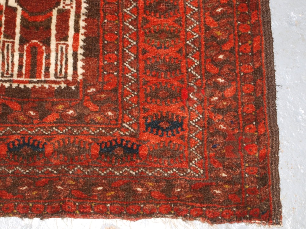 ANTIQUE AFGHAN KIZIL AYAK TURKMEN MOSQUE PRAYER RUG, CIRCA 1910. View XIV