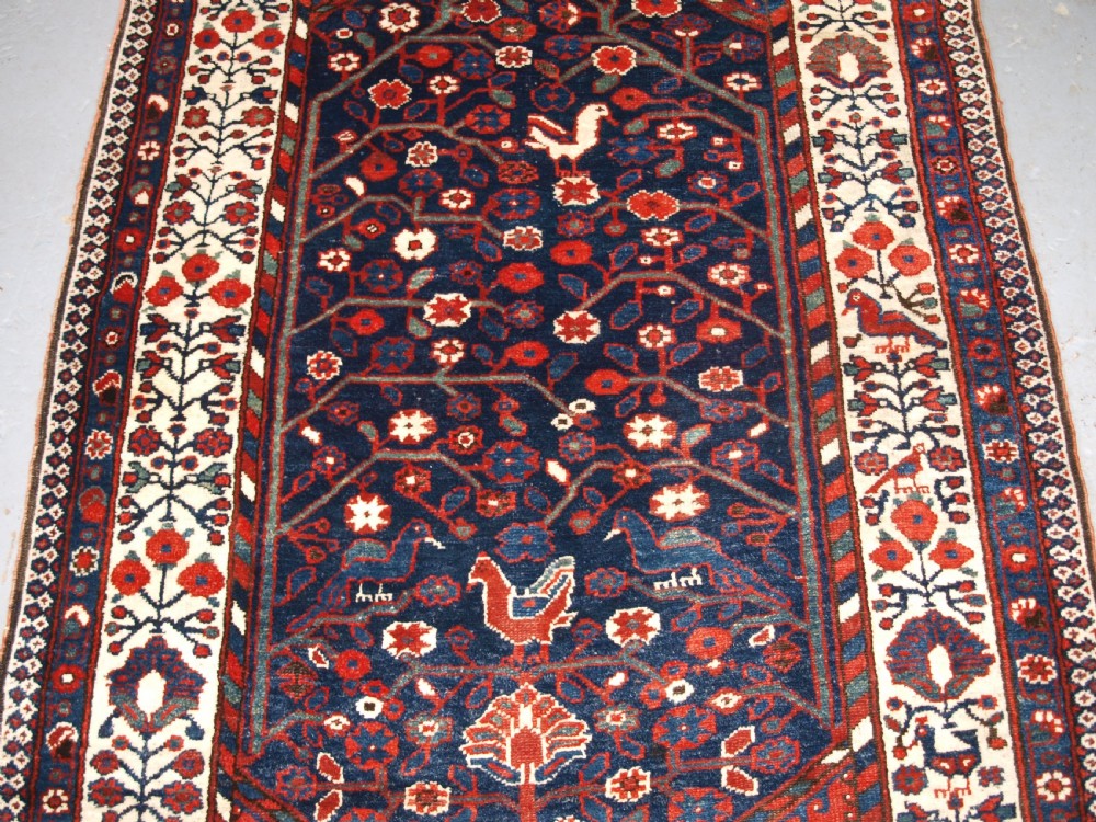 An antique hand-knotted Persian Luri rug featuring a dark navy field filled with stylised bird and floral motifs framed by a red surround and ivory floral border. View IV
