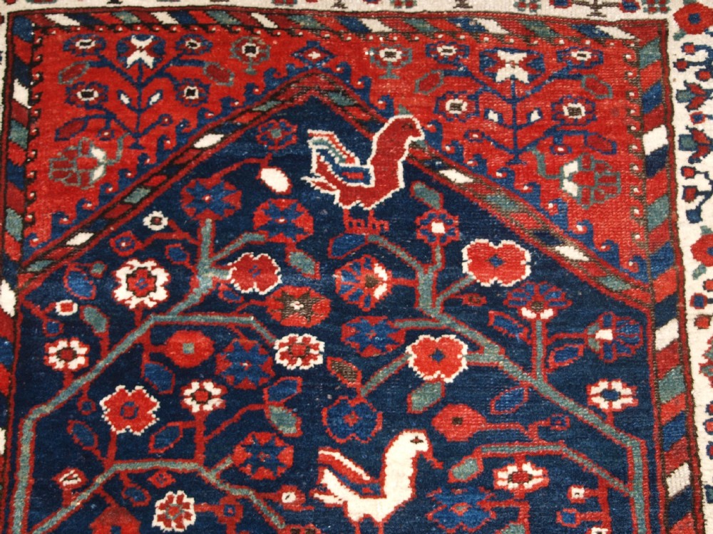 An antique hand-knotted Persian Luri rug featuring a dark navy field filled with stylised bird and floral motifs framed by a red surround and ivory floral border. View IX