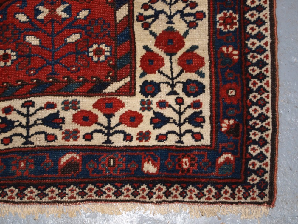 An antique hand-knotted Persian Luri rug featuring a dark navy field filled with stylised bird and floral motifs framed by a red surround and ivory floral border. View XIII