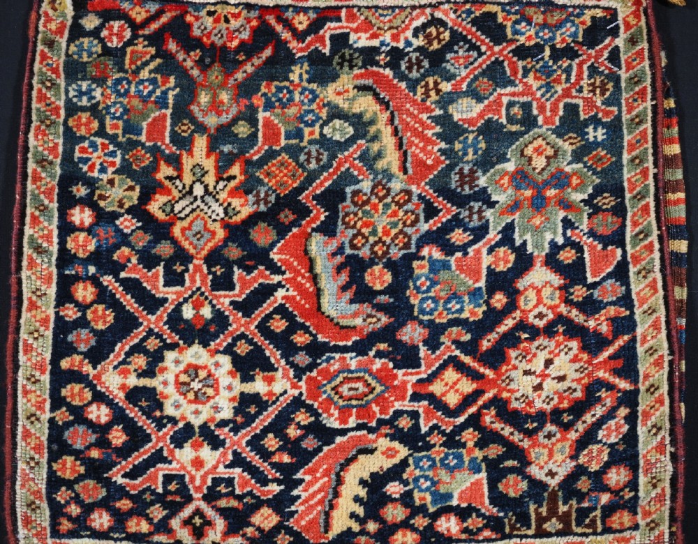 ANTIQUE TRIBAL QASHQAI BAG, HERATI DESIGN WITH STRIPED PLAIN WEAVE BACK, CIRCA 1880. View V
