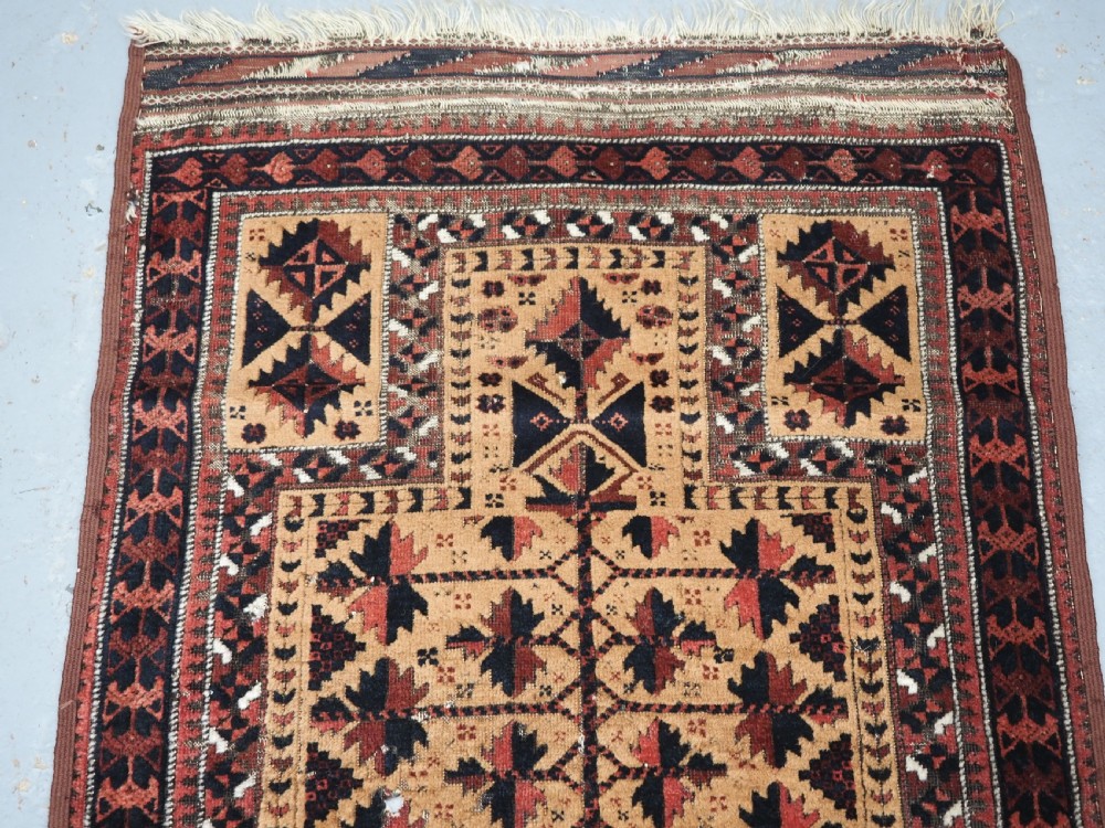 ANTIQUE SARAKH BALUCH PRAYER RUG, CAMEL GROUND TREE OF LIFE, CIRCA 1880. View III