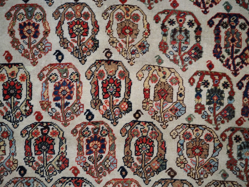 ANTIQUE TRIBAL QASHQAI KASHKULI RUG, SCARCE IVORY GROUND WITH BOTEH, CIRCA 1870/80. View X