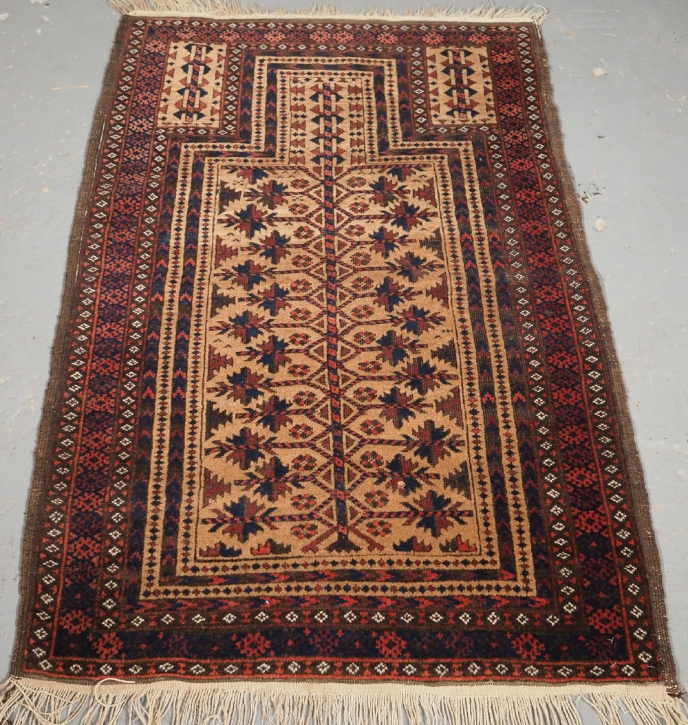 ANTIQUE BALUCH CAMEL GROUND PRAYER RUG WITH TREE OF LIFE, CIRCA 1900.