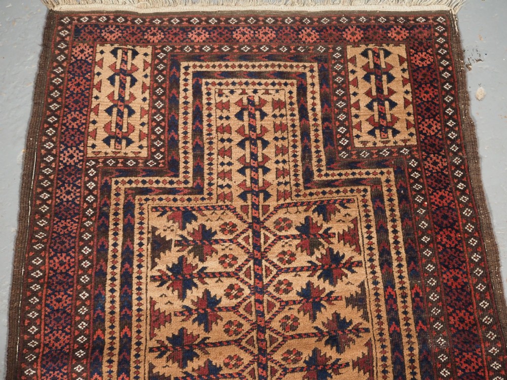 ANTIQUE BALUCH CAMEL GROUND PRAYER RUG WITH TREE OF LIFE, CIRCA 1900. View III