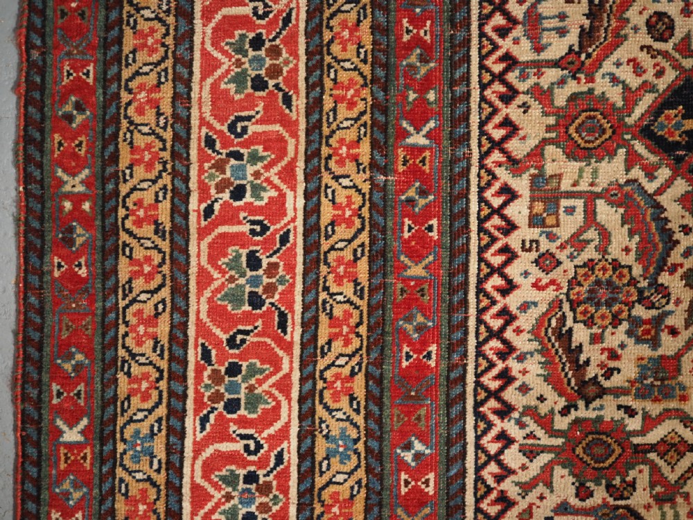 ANTIQUE QASHQAI LONG RUG, IVORY GROUND HERATI DESIGN WITH TIBAL ELEMENTS,  CIRCA 1870. View VI