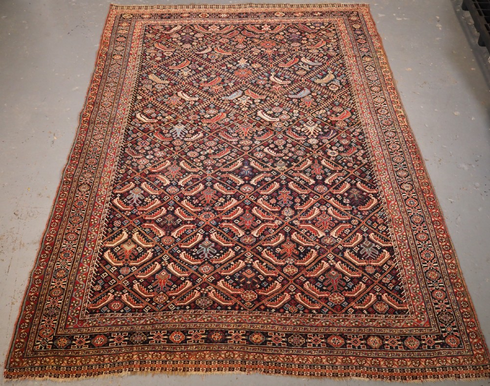 ANTIQUE TRIBAL QASHQAI RUG WITH HERATI LATTICE DESIGN, CIRCA 1880.