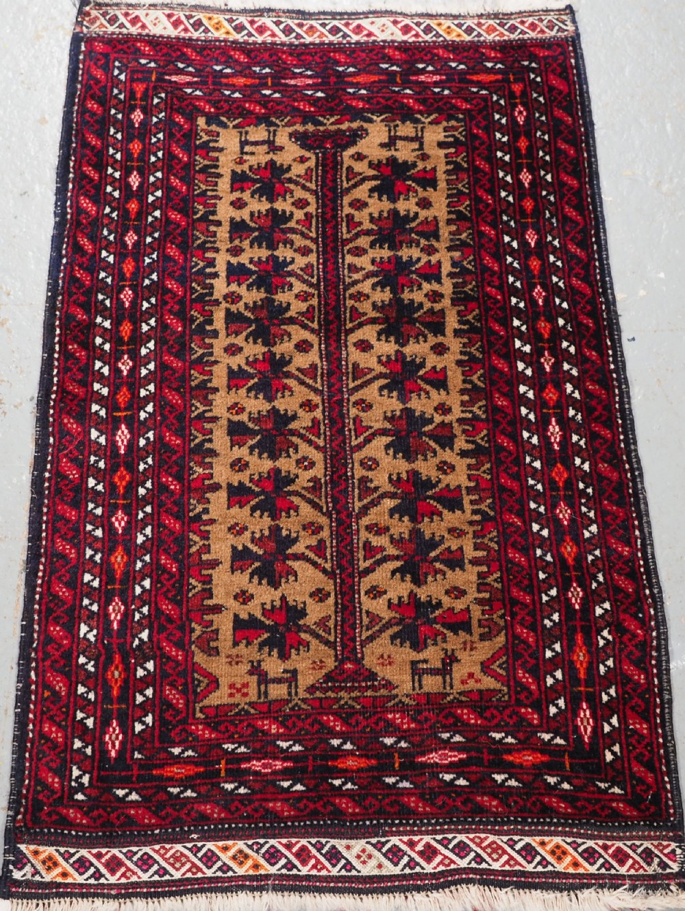 OLD BALUCH BALISHT FACE OR SMALL MAT, TREE OF LIFE, CIRCA 1920.