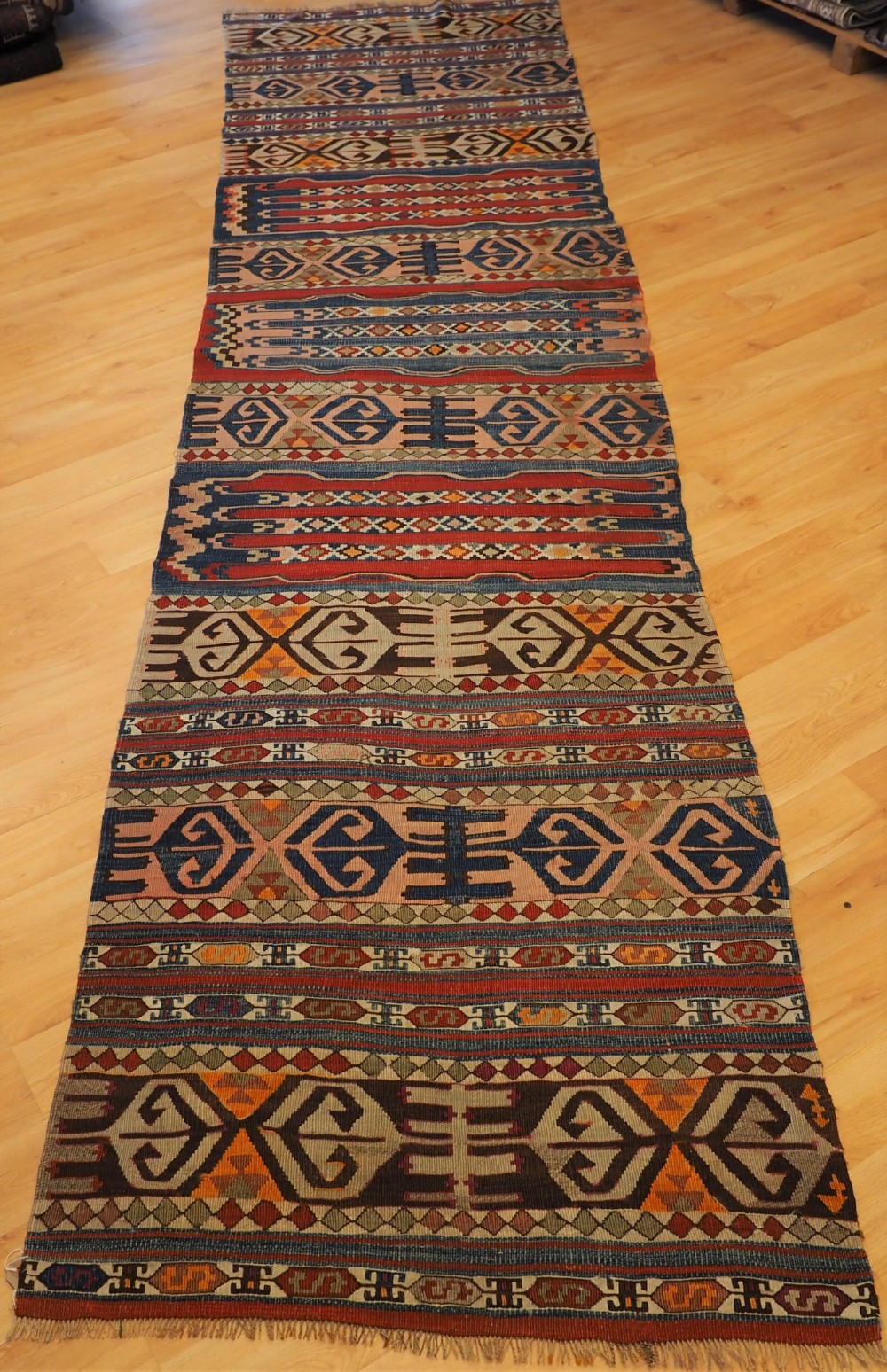 ANTIQUE TURKISH MALATYA REGION KILIM RUNNER WITH BANDED DESIGN, CIRCA 1900/20.
