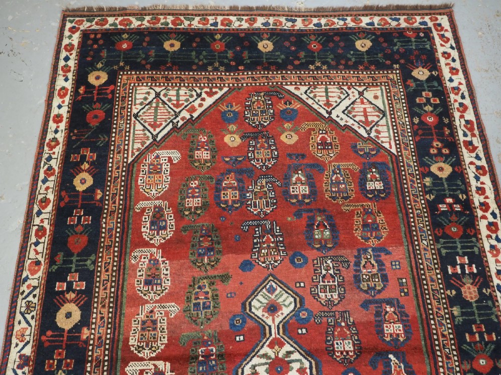 ANTIQUE TRIBAL KHAMSEH RUG WITH BOTEH AND POMEGRANATE DESIGN, CIRCA 1860. View III