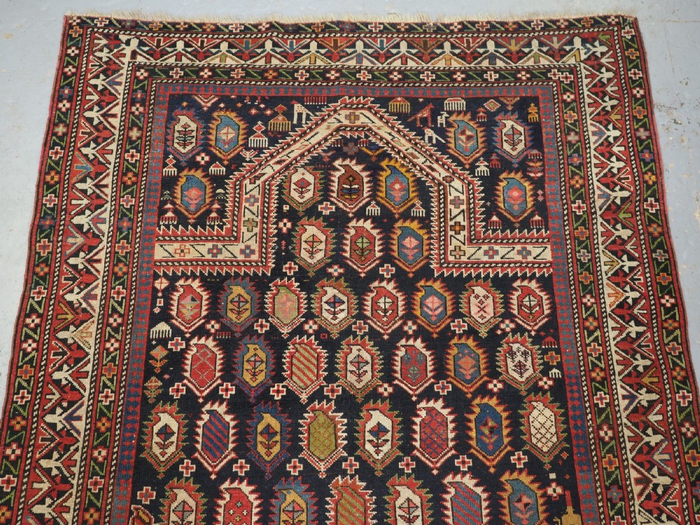 ANTIQUE CAUCASIAN BLACK MARASALI PRAYER RUG, SCARCE BORDER, CIRCA 1880. View III