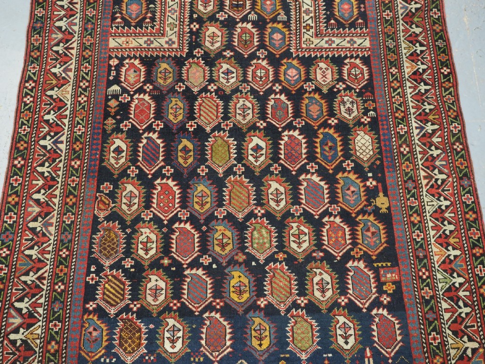 ANTIQUE CAUCASIAN BLACK MARASALI PRAYER RUG, SCARCE BORDER, CIRCA 1880. View IV