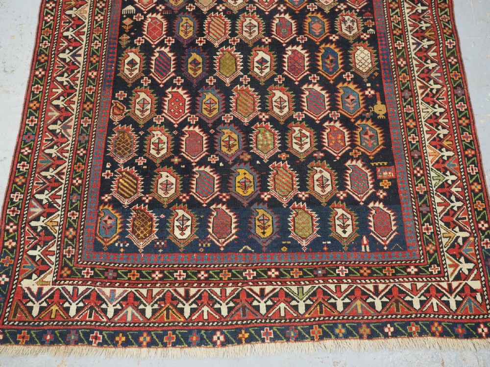 ANTIQUE CAUCASIAN BLACK MARASALI PRAYER RUG, SCARCE BORDER, CIRCA 1880. View V