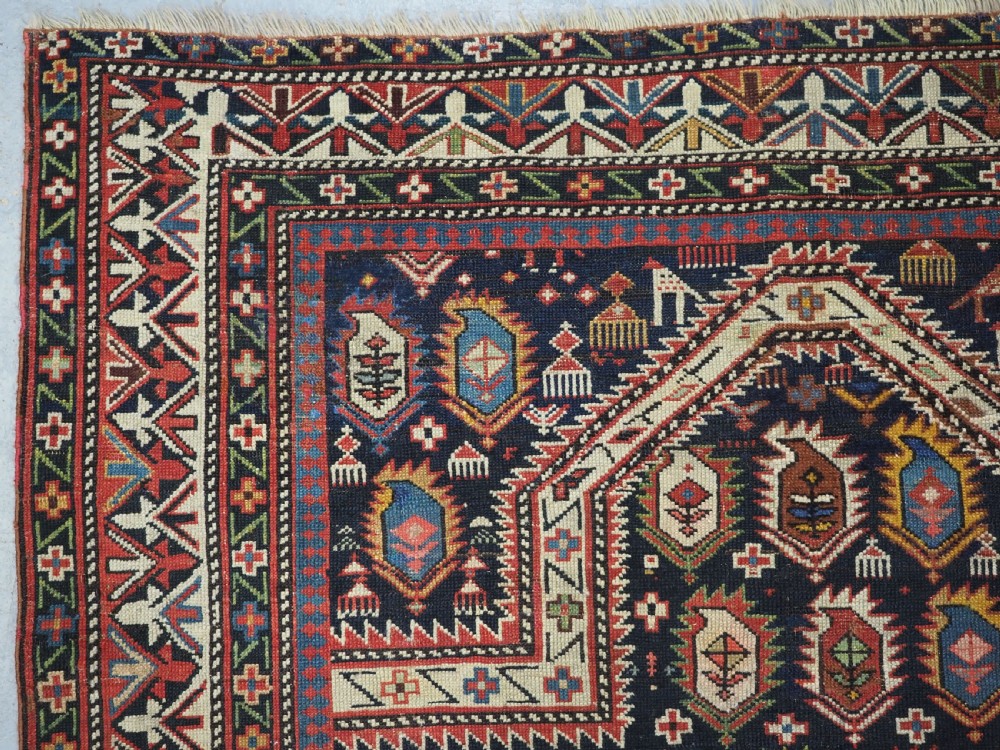 ANTIQUE CAUCASIAN BLACK MARASALI PRAYER RUG, SCARCE BORDER, CIRCA 1880. View VI