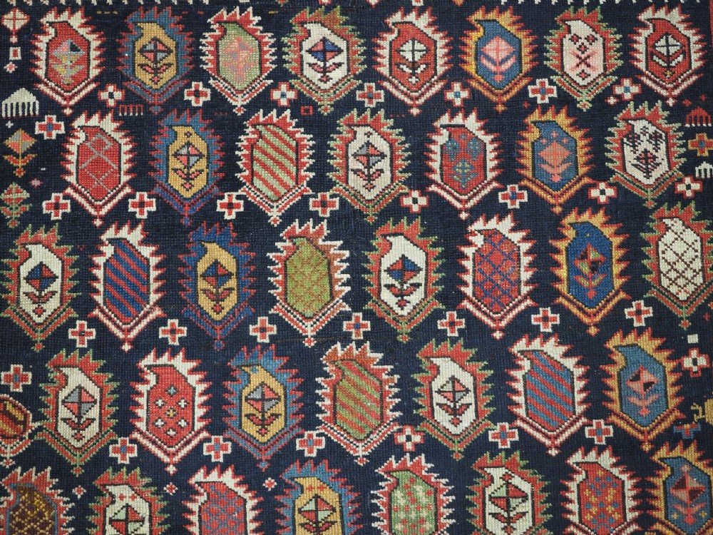 ANTIQUE CAUCASIAN BLACK MARASALI PRAYER RUG, SCARCE BORDER, CIRCA 1880. View XI
