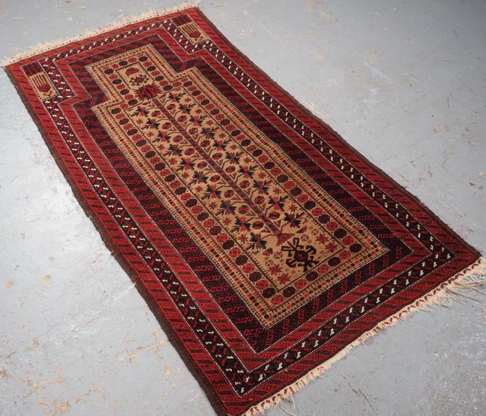 An antique Baluch wool prayer rug featuring a central mihrab arch, tree motifs, hand icons, and geometric borders in dark red, brown, and camel shades. View II
