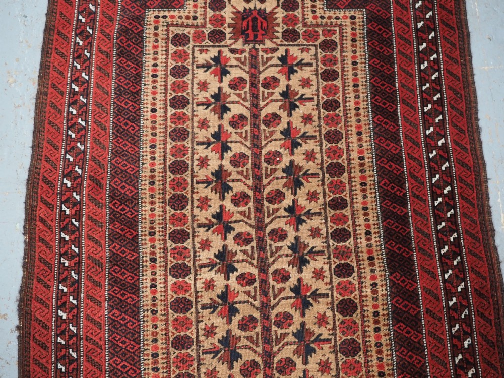 An antique Baluch wool prayer rug featuring a central mihrab arch, tree motifs, hand icons, and geometric borders in dark red, brown, and camel shades. View IV