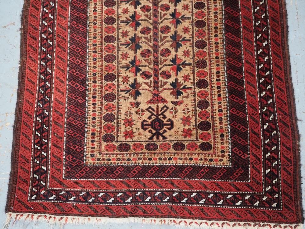 An antique Baluch wool prayer rug featuring a central mihrab arch, tree motifs, hand icons, and geometric borders in dark red, brown, and camel shades. View V