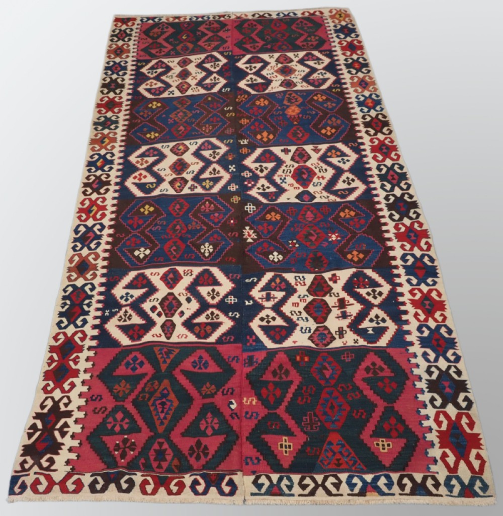 ANTIQUE TURKISH MALATYA KILIM WOVEN IN 2 PARTS, GREAT COLOUR, CIRCA 1900.