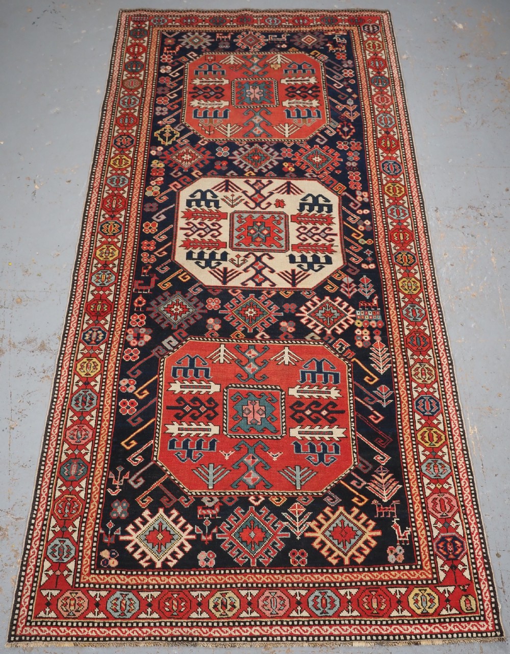 ANTIQUE CAUCASIAN CHAJLI LONG RUG, CLASSIC DESIGN, FINE WEAVE, CIRCA 1880.