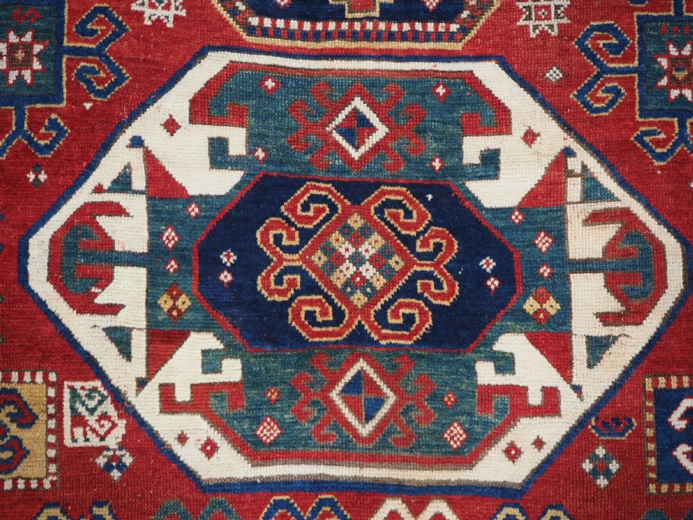 ANTIQUE CAUCASIAN TRIPLE MEDALLION KAZAK RUG, CLASSIC DESIGN, 2ND HALF 19TH CENTURY. View XIII