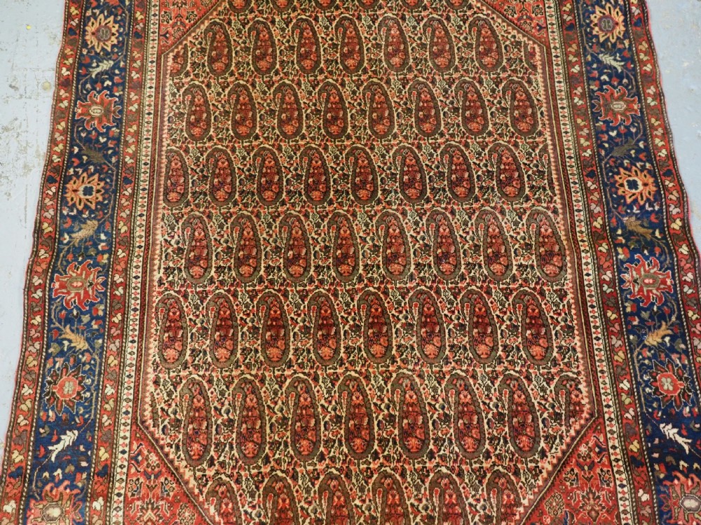 An antique Persian Sarouk rug featuring a repeating central boteh pattern framed by detailed floral borders in shades of terracotta red, cream, and navy blue. View V