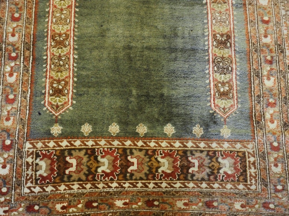 ANTIQUE TURKISH PANDERMA / BANDIRMA PRAYER RUG WITH GREEN GROUND, CIRCA 1900. View XI