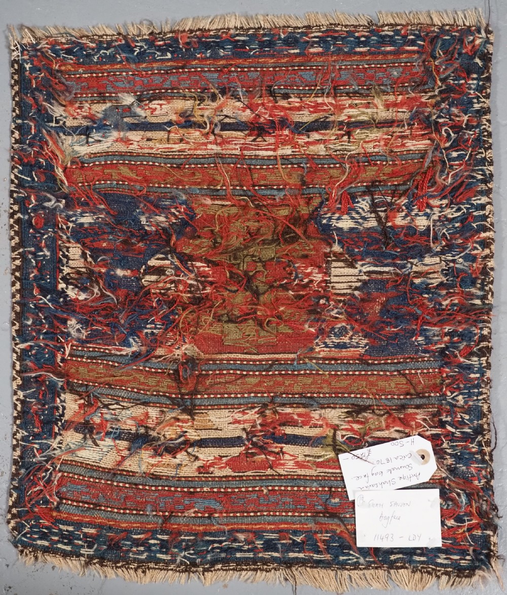 A square antique Shahsevan Soumak woven wool panel featuring central geometric octagonal medallions flanked by bird and dragon motifs in shades of terracotta red, blue, and ivory. View VIII