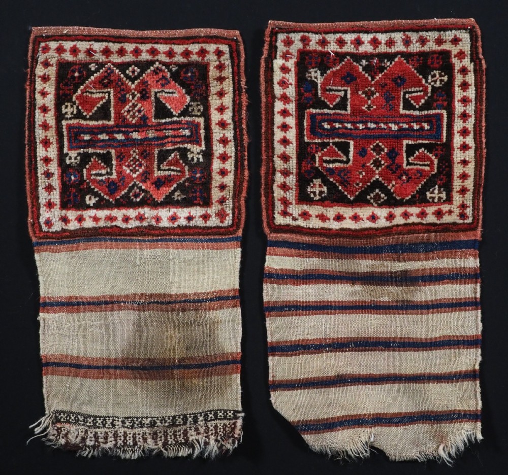 A PAIR OF ANTIQUE SHAHSAVAN MINIATURE BAGS WITH BACKS OPENED FOR DISPLAY, CIRCA 1880.