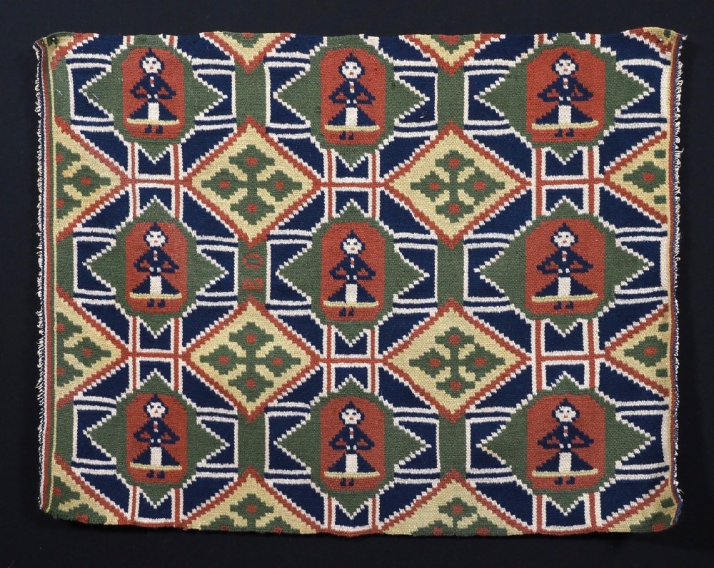 ANTIQUE SWEDISH CARRIAGE CUSHION COVER FACE, NINE LADIES IN TRADITIONAL DRESS, MID 19TH CENTURY.