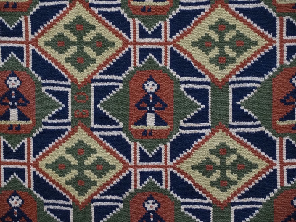 ANTIQUE SWEDISH CARRIAGE CUSHION COVER FACE, NINE LADIES IN TRADITIONAL DRESS, MID 19TH CENTURY. View V