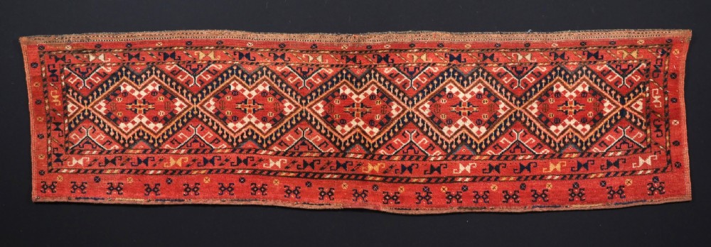 ANTIQUE ERSARI BESHIR TURKMEN TORBA WITH IKAT DESIGN, GREAT CONDITION, CIRCA 1890.