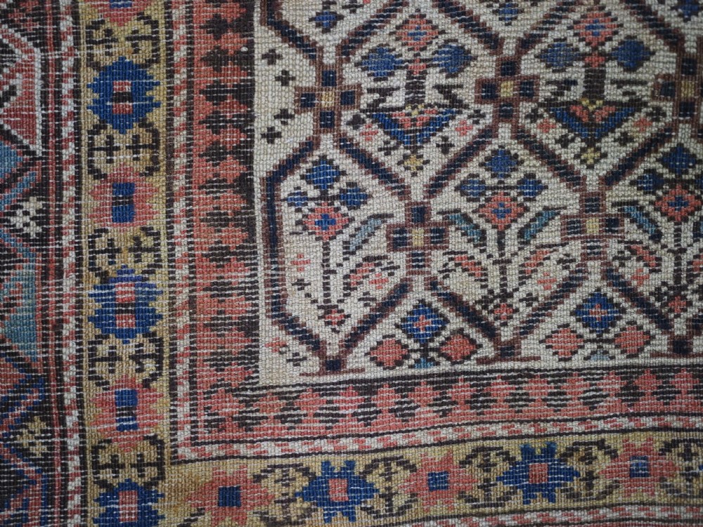 An antique Caucasian Shirvan wool prayer rug featuring an ivory field covered in a geometric floral lattice motif, enclosed by a multi-bordered frame and a stepped prayer arch at the top. View XIII