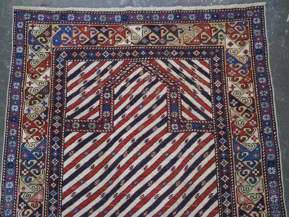 ANTIQUE CAUCASIAN SHIRVAN OR DAGESTAN PRAYER RUG OF SCARCE DIAGONAL STRIPE DESIGN, CIRCA 1850. View III
