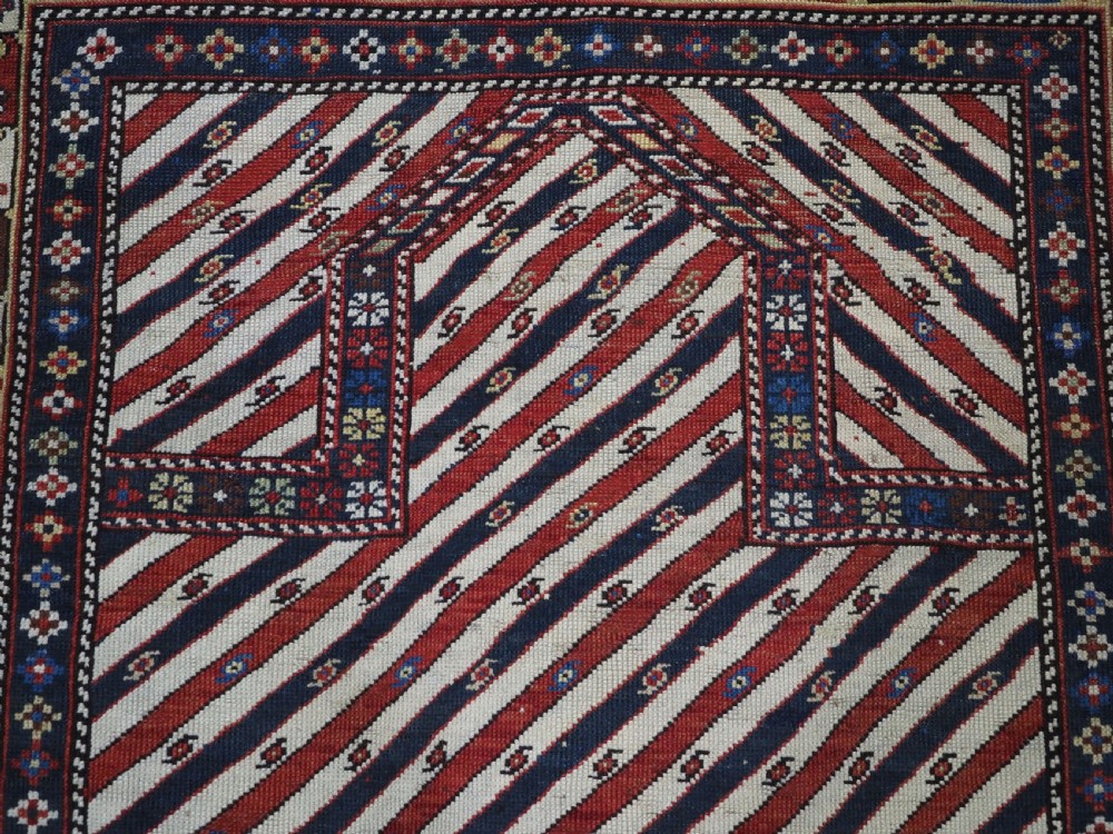 ANTIQUE CAUCASIAN SHIRVAN OR DAGESTAN PRAYER RUG OF SCARCE DIAGONAL STRIPE DESIGN, CIRCA 1850. View VII
