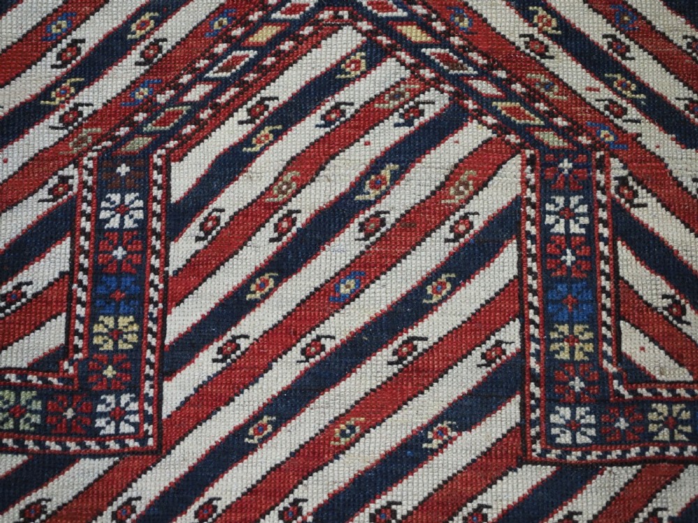 ANTIQUE CAUCASIAN SHIRVAN OR DAGESTAN PRAYER RUG OF SCARCE DIAGONAL STRIPE DESIGN, CIRCA 1850. View VIII