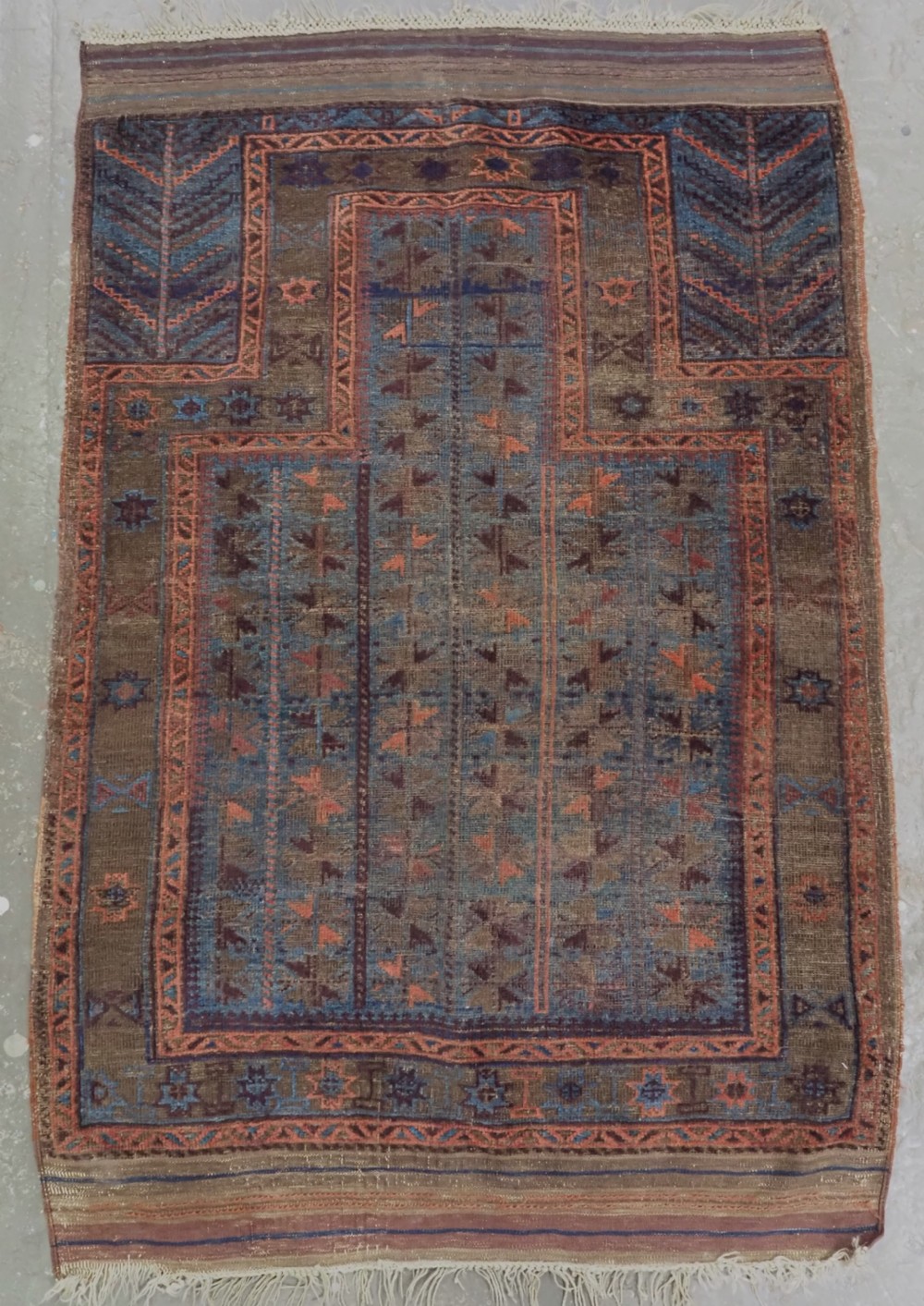 ANTIQUE BALUCH OR TIMURI BLUE GROUND PRAYER RUG, CIRCA 1880.
