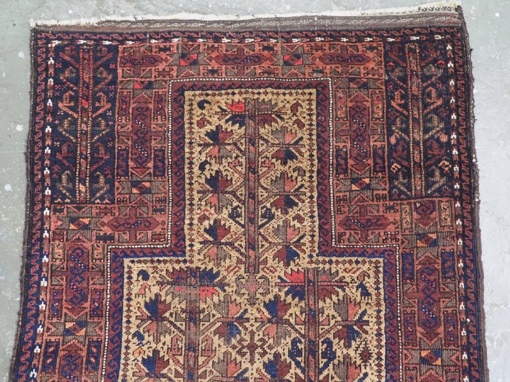 ANTIQUE TIMURI / BALUCH PRAYER RUG, CAMEL GROUND WITH TREE OF LIFE, CIRCA 1880. View III