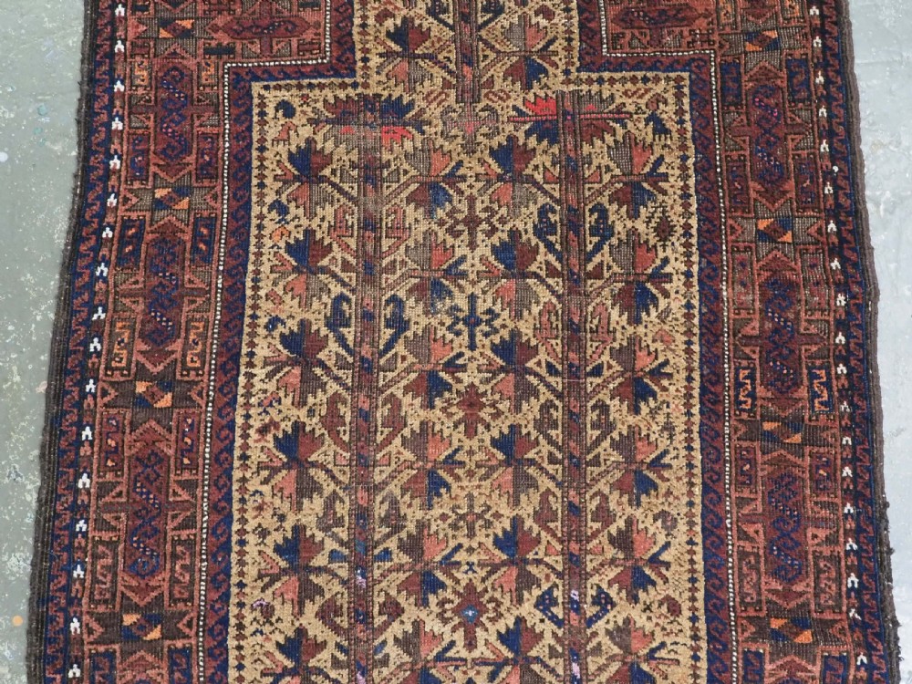ANTIQUE TIMURI / BALUCH PRAYER RUG, CAMEL GROUND WITH TREE OF LIFE, CIRCA 1880. View IV