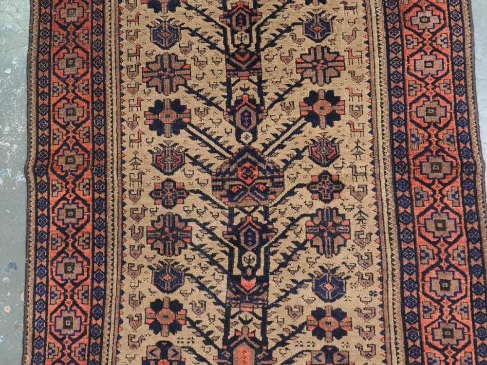A rectangular late 19th-century Baluch tribal rug with a camel wool field, featuring a central stylised tree motif and terracotta geometric borders. View IV