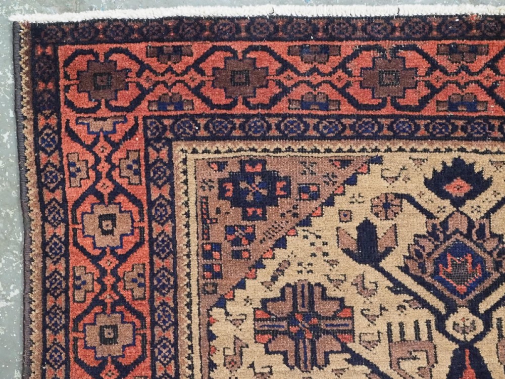 A rectangular late 19th-century Baluch tribal rug with a camel wool field, featuring a central stylised tree motif and terracotta geometric borders. View VI